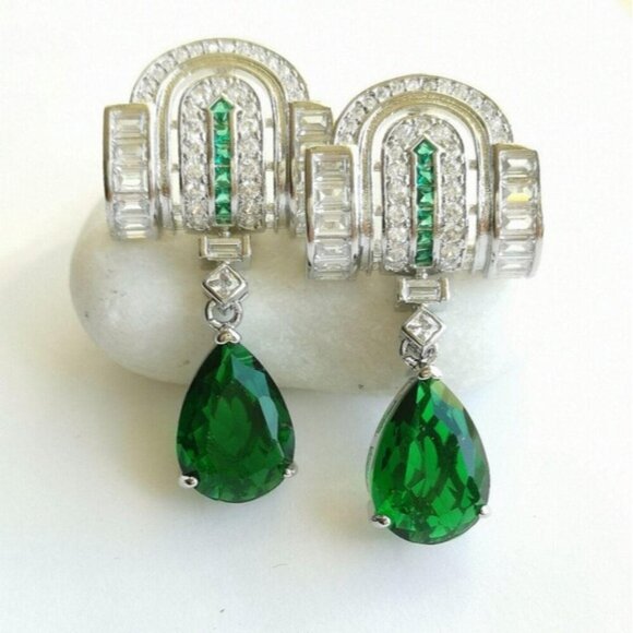 Jem Designs Shop Jewelry - Emerald Cz Art Deco lever  earrings 14k white gold Overlay 🆕